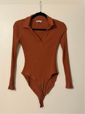 Miss Selfridge Rust Ribbed Long-Sleeve Bodysuit